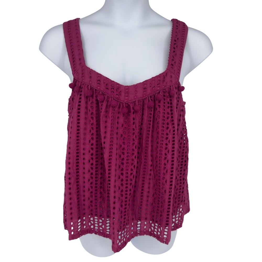 Sundance Eyelet Cotton Tank Top L Pom Trim‎